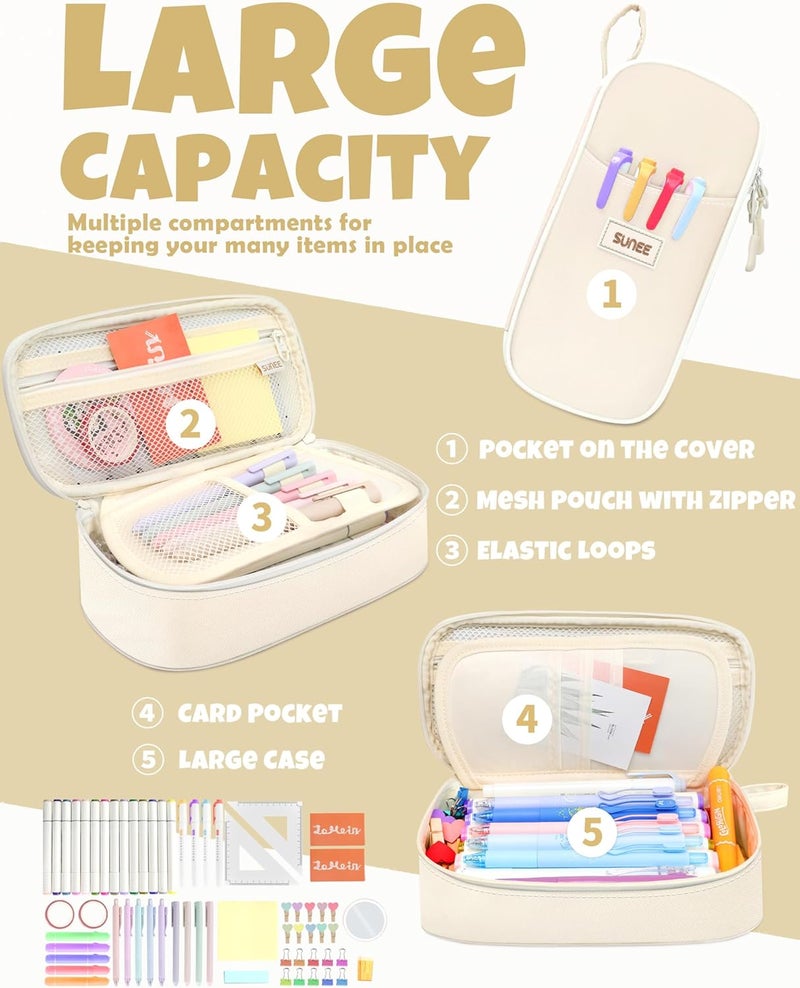 SUNEE Cute Pencil Case, Aesthetic Pen Pouch, Colored Large Pencil Bag with Zipper, Kawaii Stationery Storage and Organizer, School Supplies for Teen and Adult Girls, Beige - Image 2